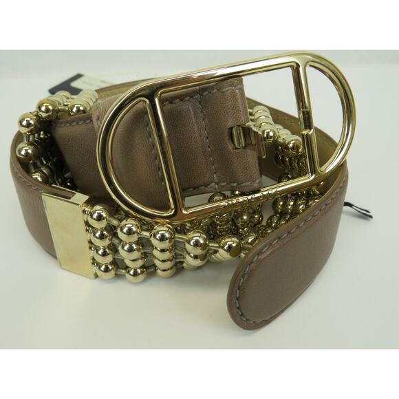 NWT VERSACE DCDB771-DNMT BEIGE LEATHER GOLD TONE CHAIN BUCKLE BELT 95 38 $1050 - Picture 1 of 12